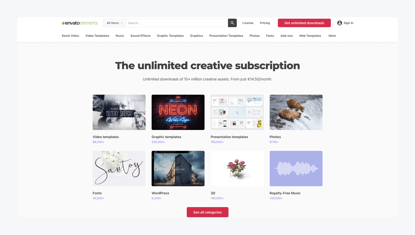Envato's landing page example