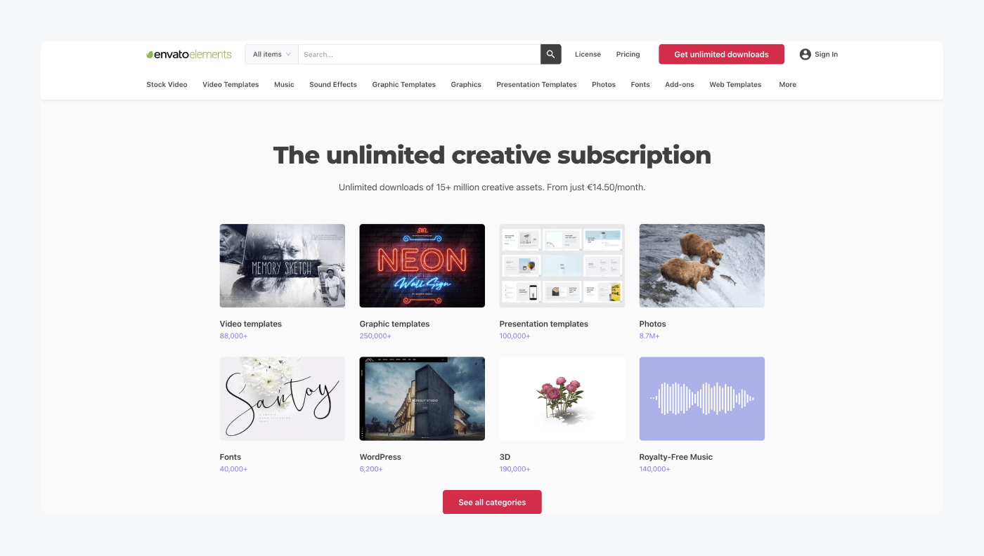 Envato's landing page example Envato's landing page example