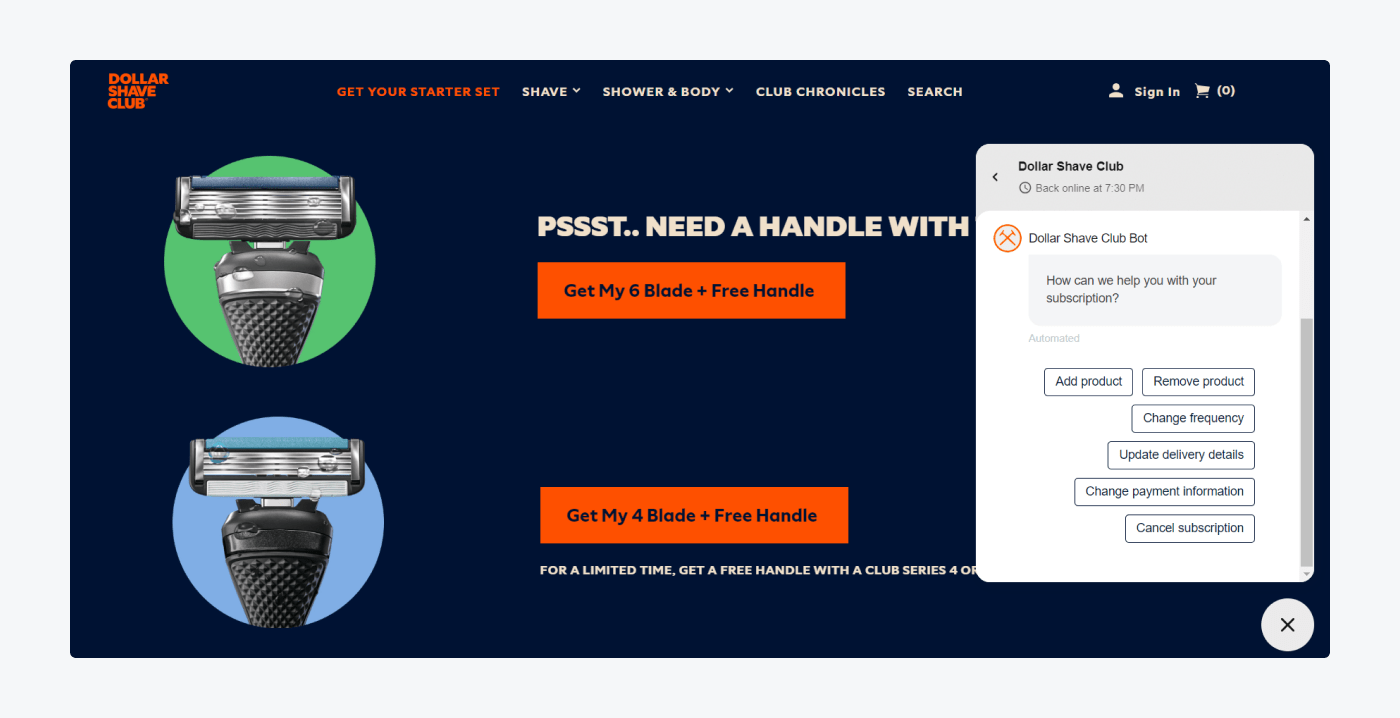 dollar shave club landing page with chatbot