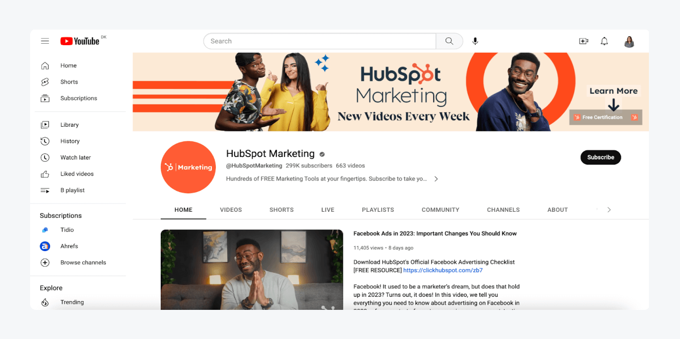 YouTube channel of HubSpot Marketing