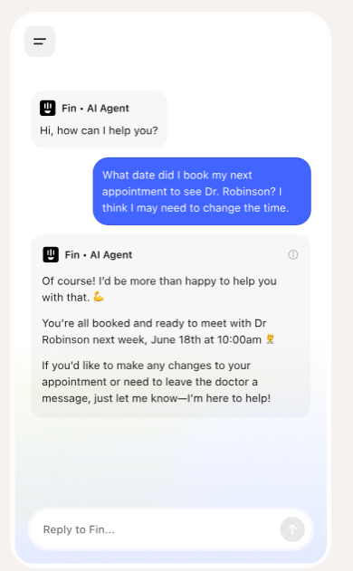Intercom’s Fin AI agent responding to a customer message in a support conversation.