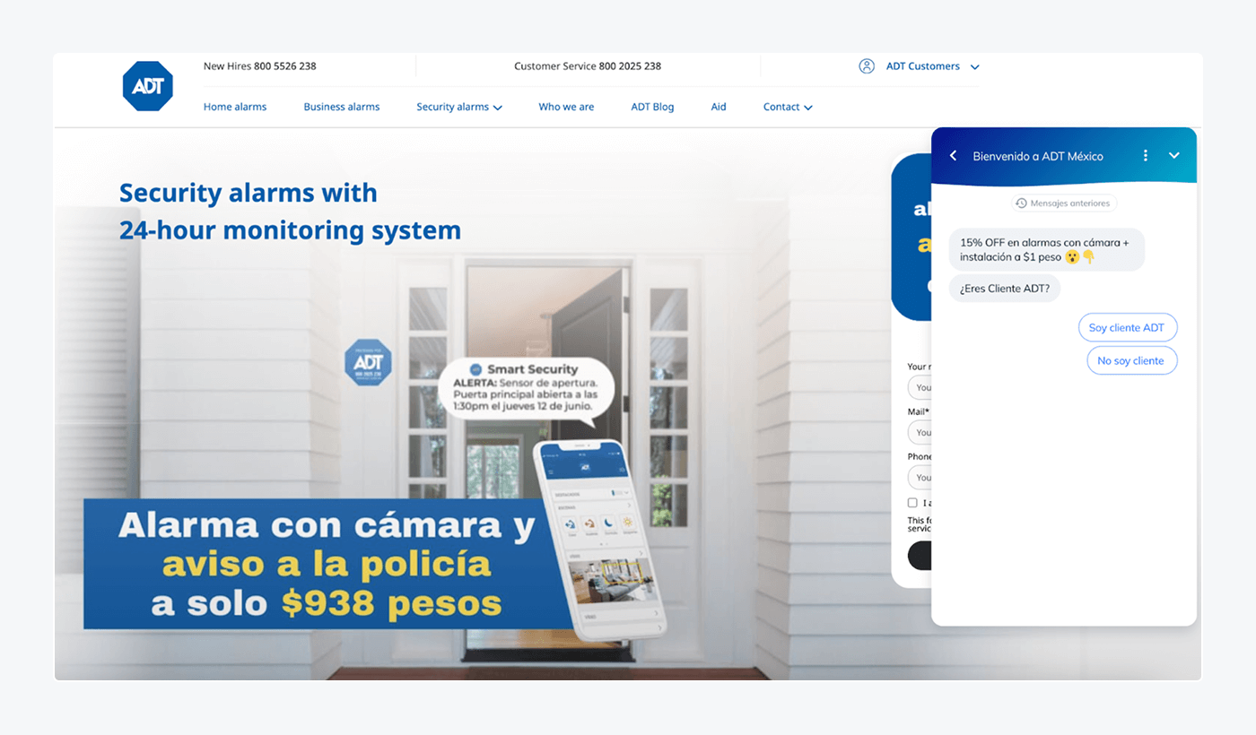 AI chatbot chatting with customer on ADT Security Service’s website