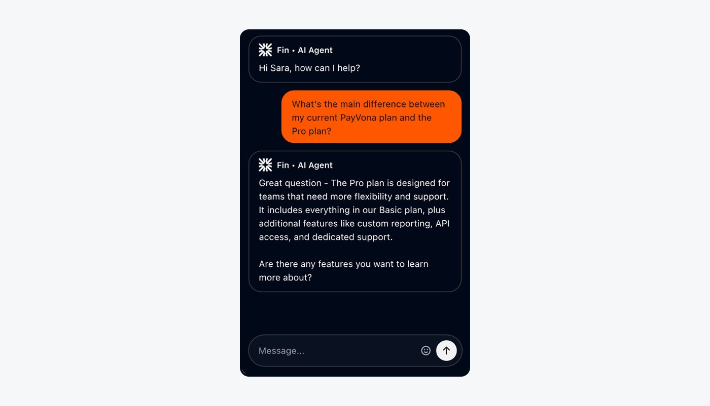 Intercom’s Fin AI agent providing automated support during a customer chat