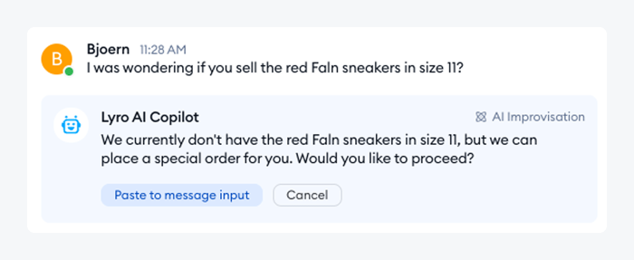 An example of Lyro AI Copilot providing an answer to a customer about a product.
