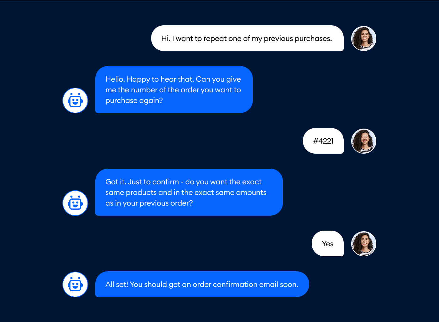 Lyro & B2B customer conversation example - repeated order
