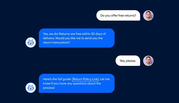 Conversation between Lyro and a visitor who seeks free returns.
