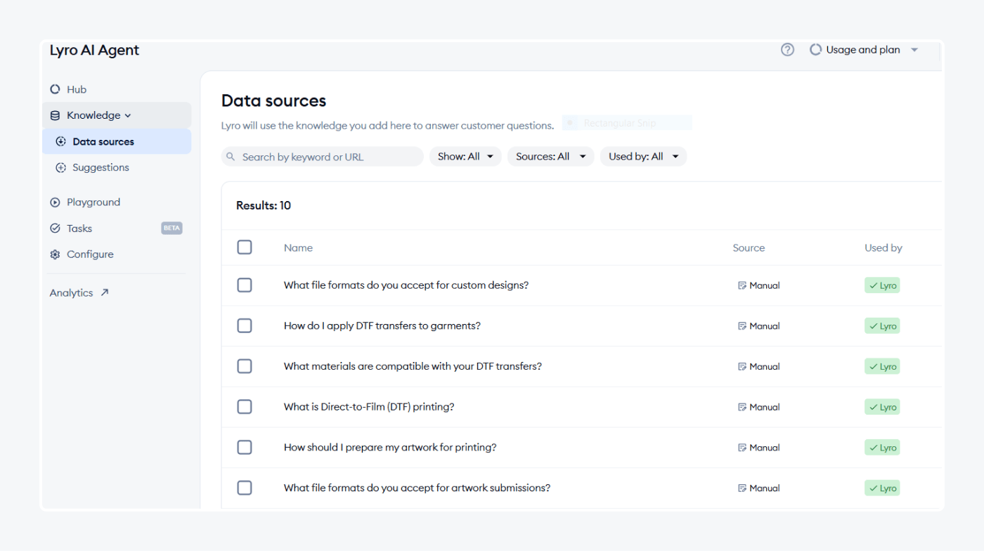 Lyro AI Agent data sources and knowledge base setup.