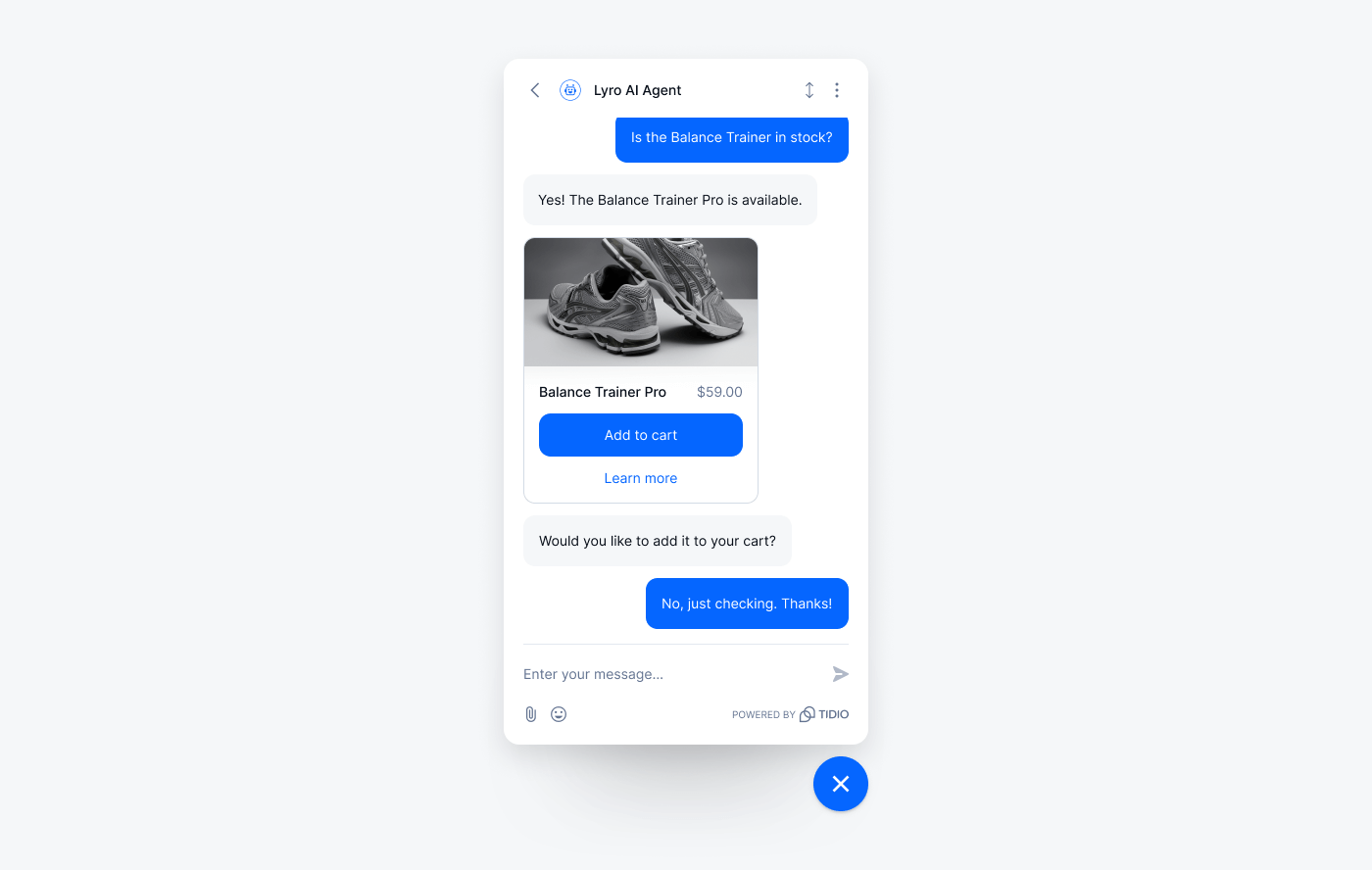 Example of Lyro Shopify AI agent showing product availability.