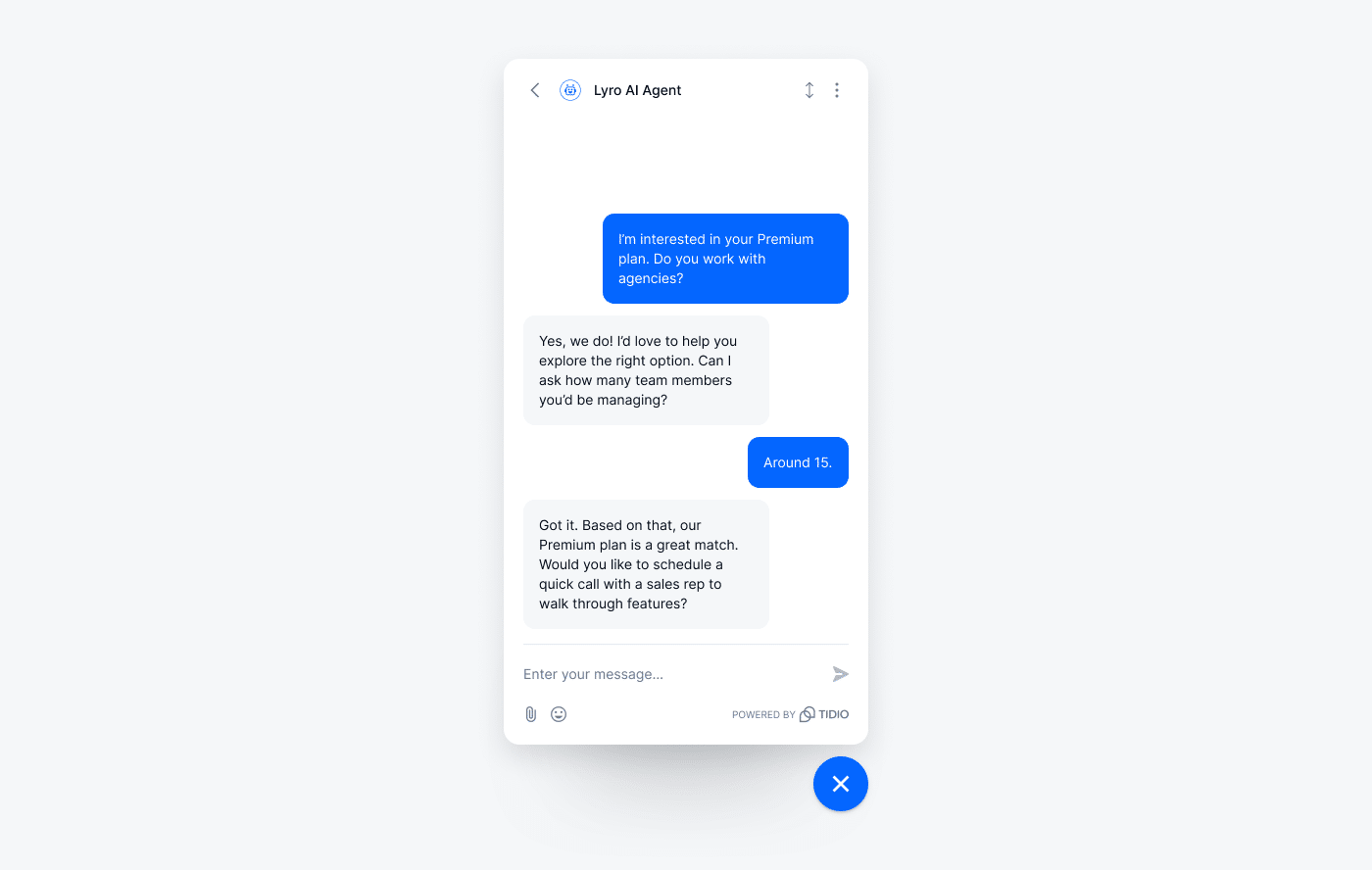 Lyro AI Agent guiding a lead toward scheduling a sales call.