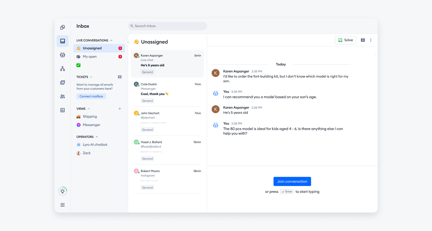 Tidio unified inbox panel
