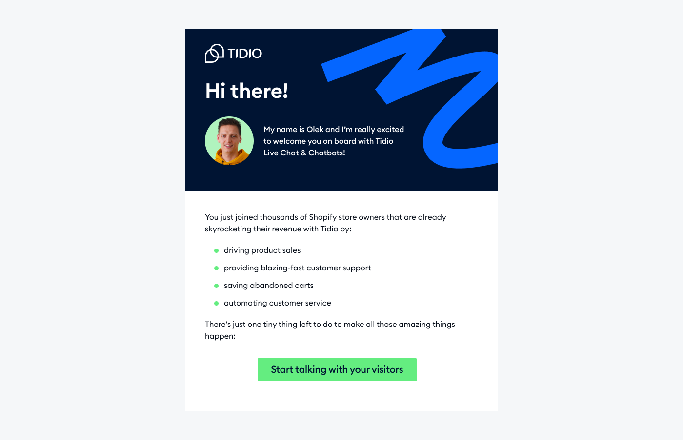 an onboarding welcome email from Tidio