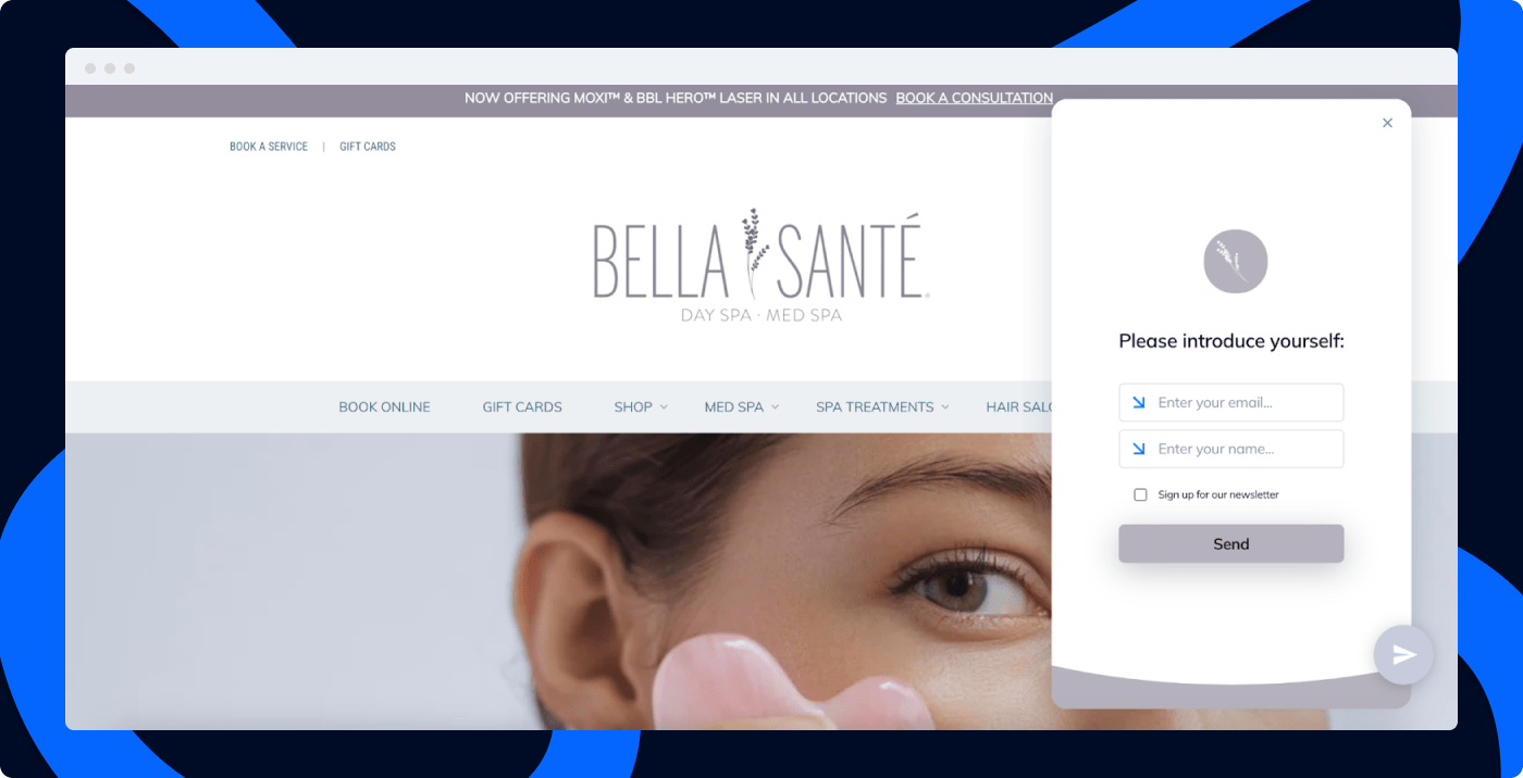 Tidio chat on Bella Santé's website, gathering a new lead via email.