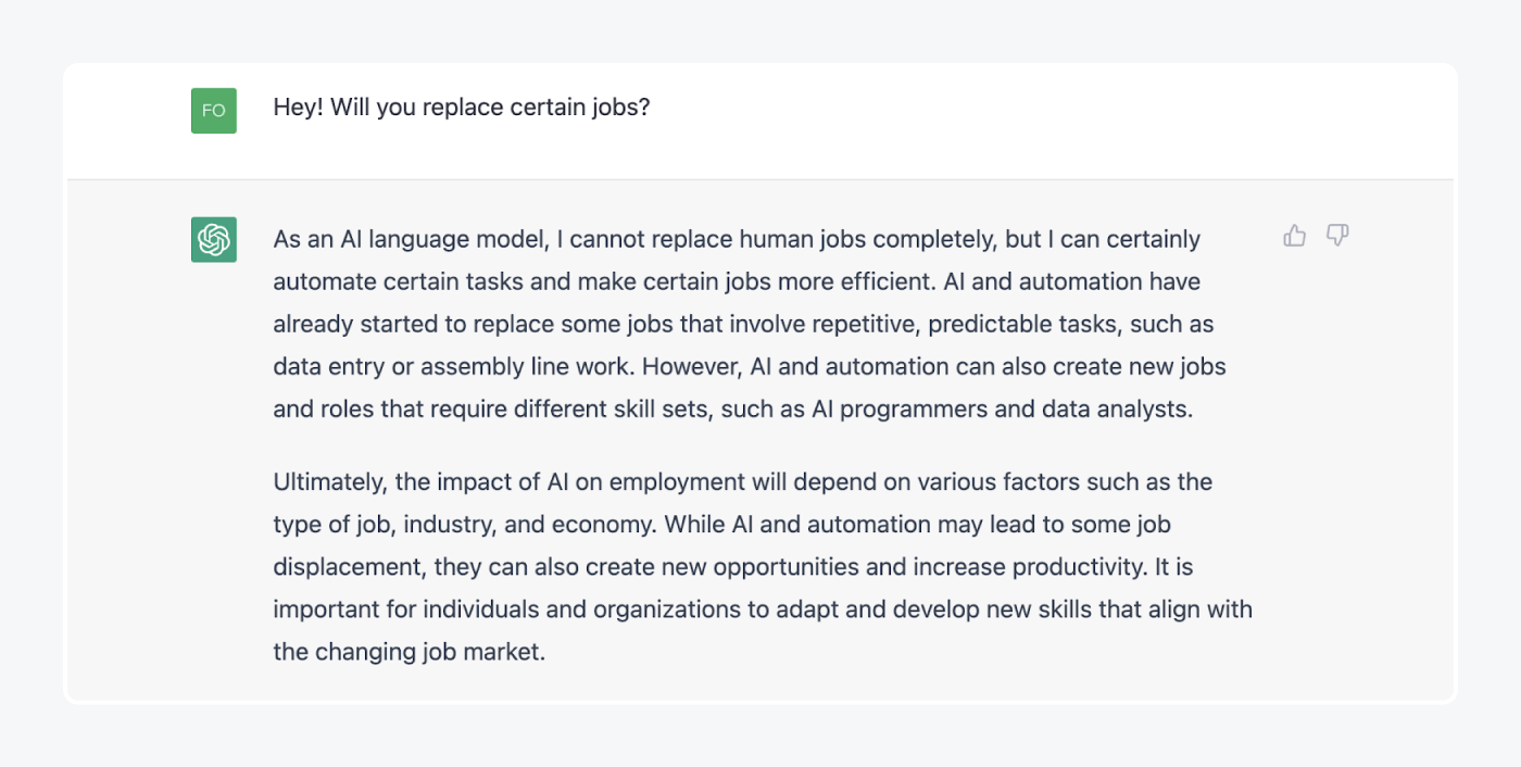 asking chatgpt about job replacement with answer