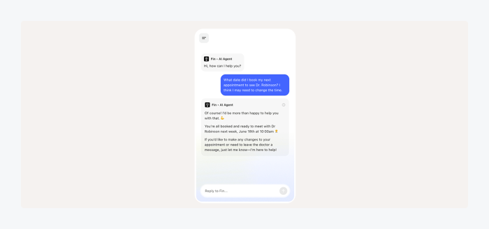 Intercom’s Fin AI agent responding to a customer message in a support conversation.