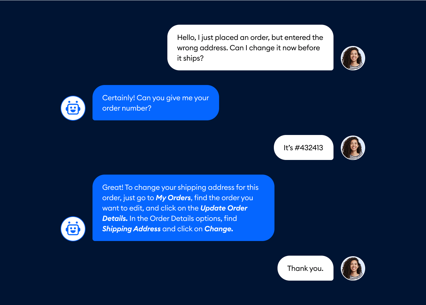 Lyro & B2B customer conversation example - address change