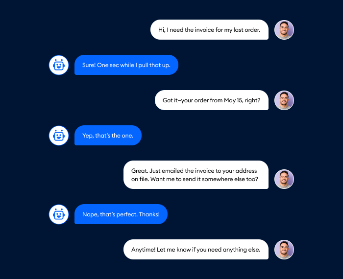 Example of a Lyro conversation helping a visitor with their invoice.