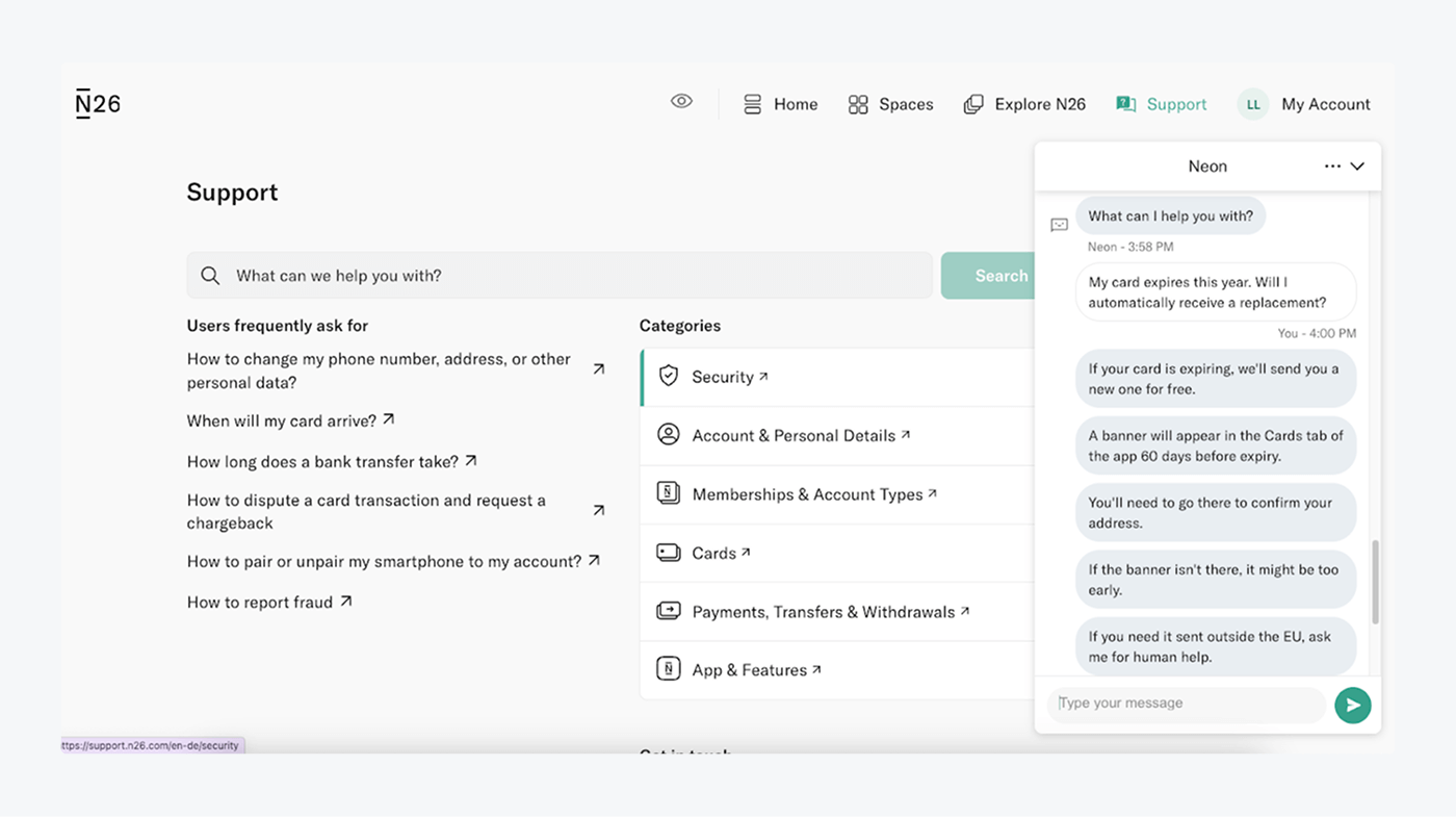 N26 mobile banking app using AI assistant to automate customer service.