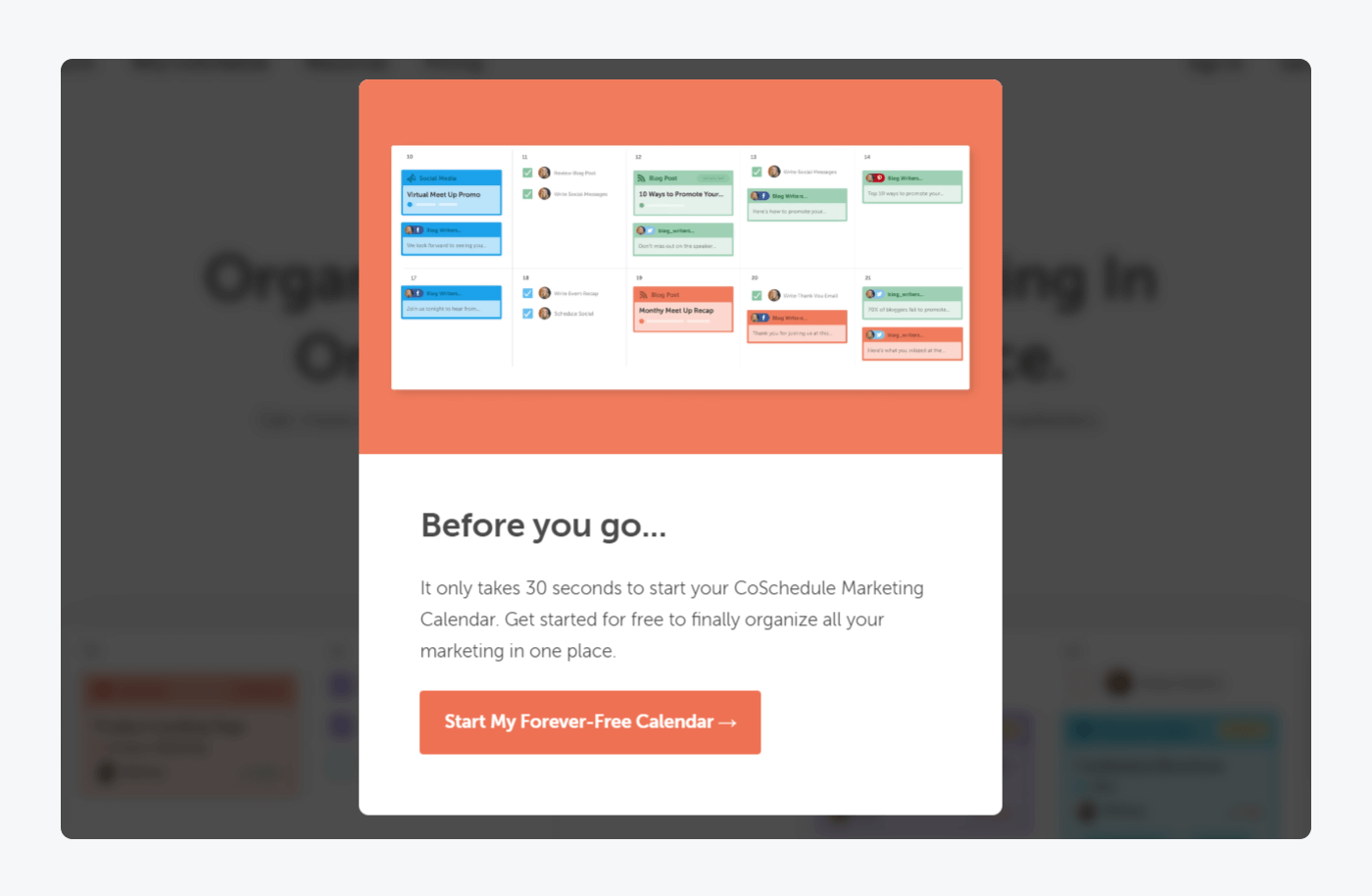 coschedule's page pop up website pop-up urges abandondening visitors to try out their free plan before they go