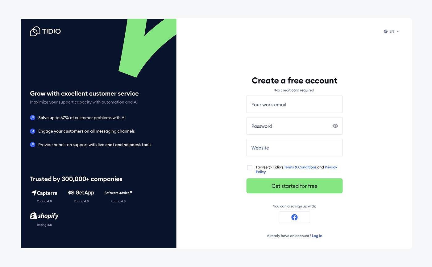 Tidio account creation window.