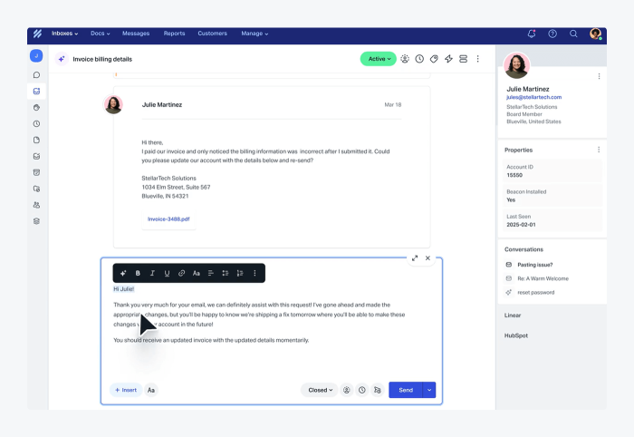 Help Scout’s interface with a customer’s message.