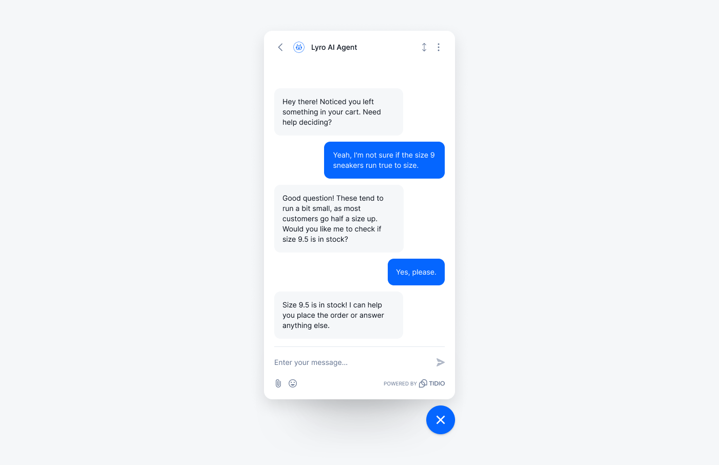 Proactive support flow triggers message, and then Lyro continues chat after user reply, assisting with sizing and product availability.
