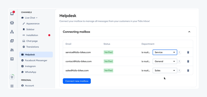 Tidio’s help desk and ticketing dashboard.