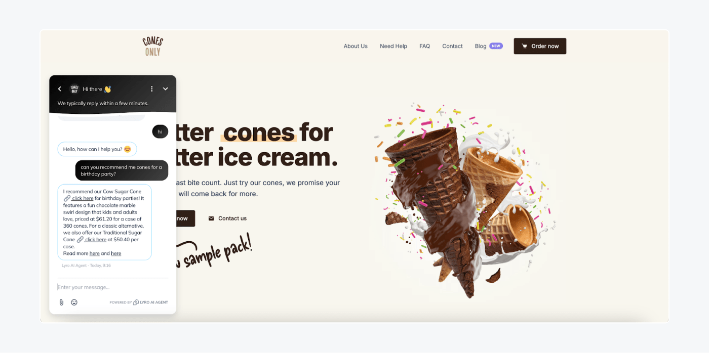 Cones Only using Lyro on their homepage.
