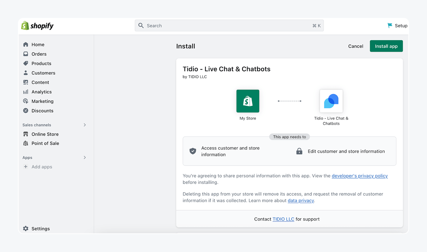 The process of connecting Tidio directly from the Shopify store.