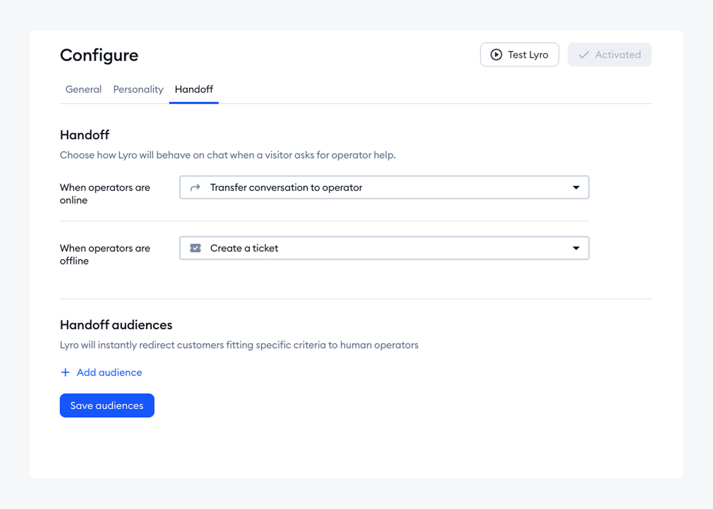 Handoff options that allow Lyro to transfer a customer to a human agent.
