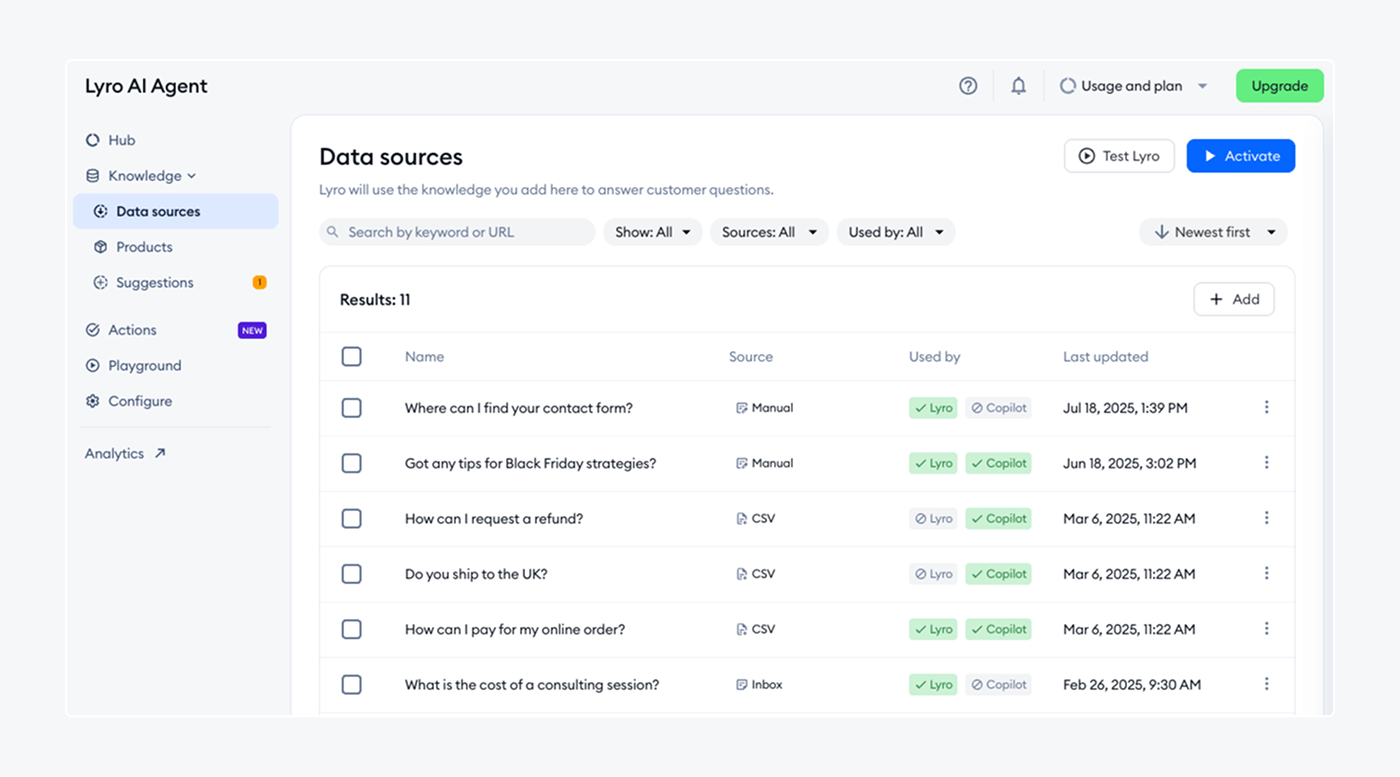 Lyro's Data sources panel is where you can add your knowledge base-related content.