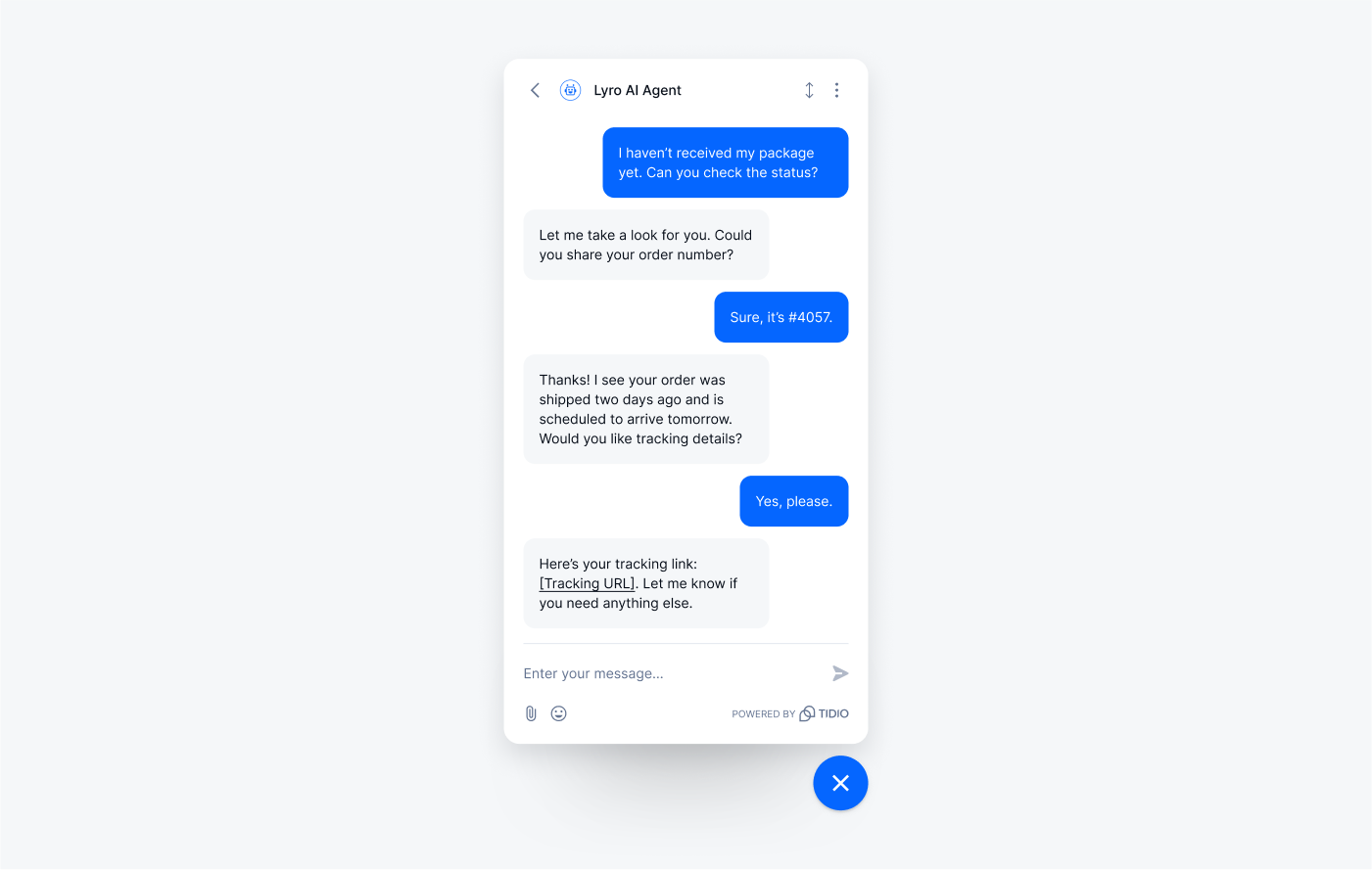 Lyro assisting a customer with order status in a support chat.
