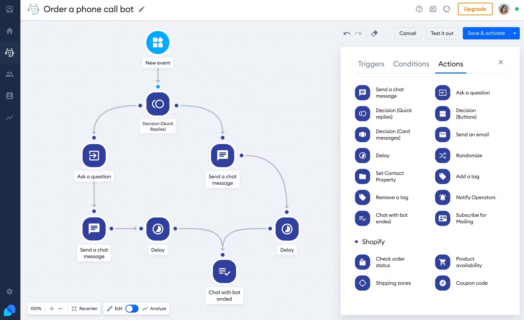 An example of Tidio chatbot builder interface