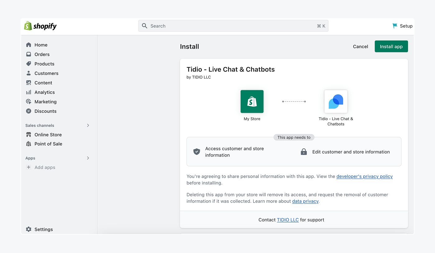 The process of connecting Tidio to Shopify store.