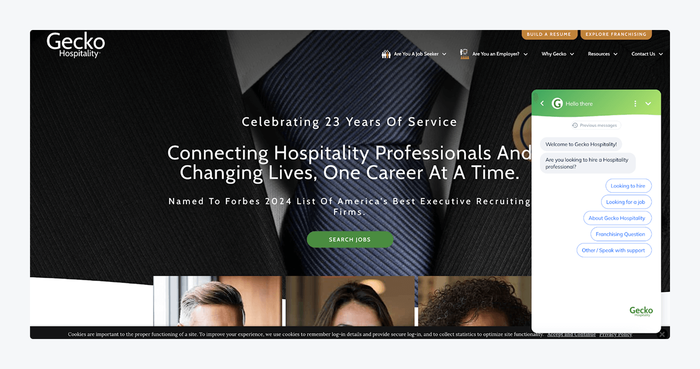 Gecko Hospitality website with Tidio AI chatbots