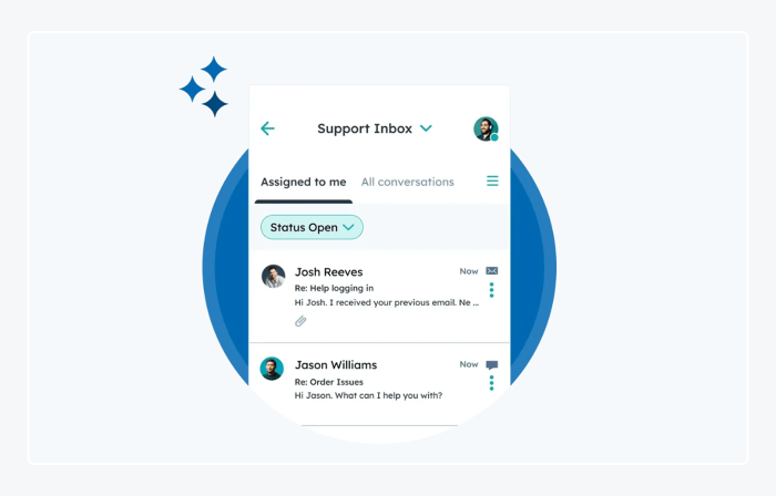 HubSpot Service Hub’s support inbox overview.