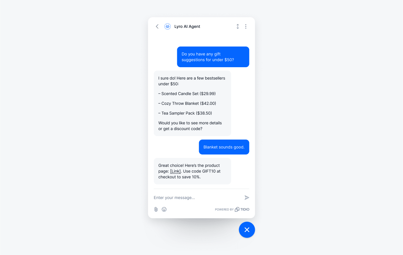 Lyro offering product recommendations based on customer budget.