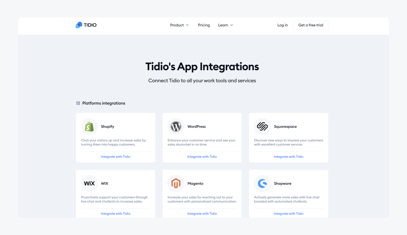 tidio's app integration options view