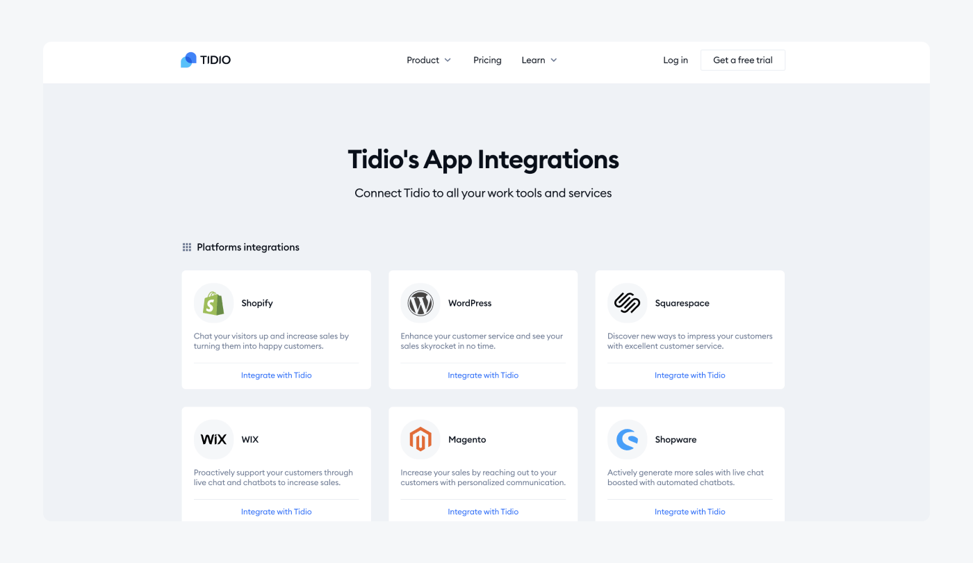 tidio's app integration options view tidio's app integration options view