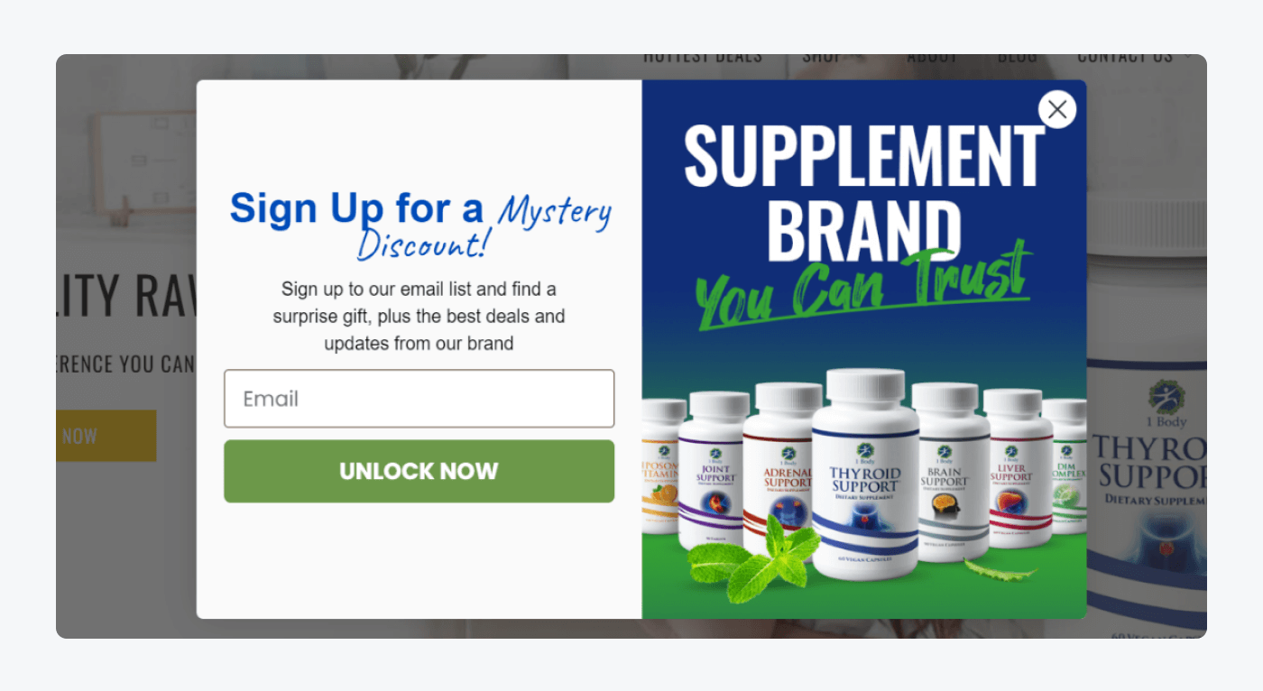 brand 1 Body's  pop-up that appears on their homepage example