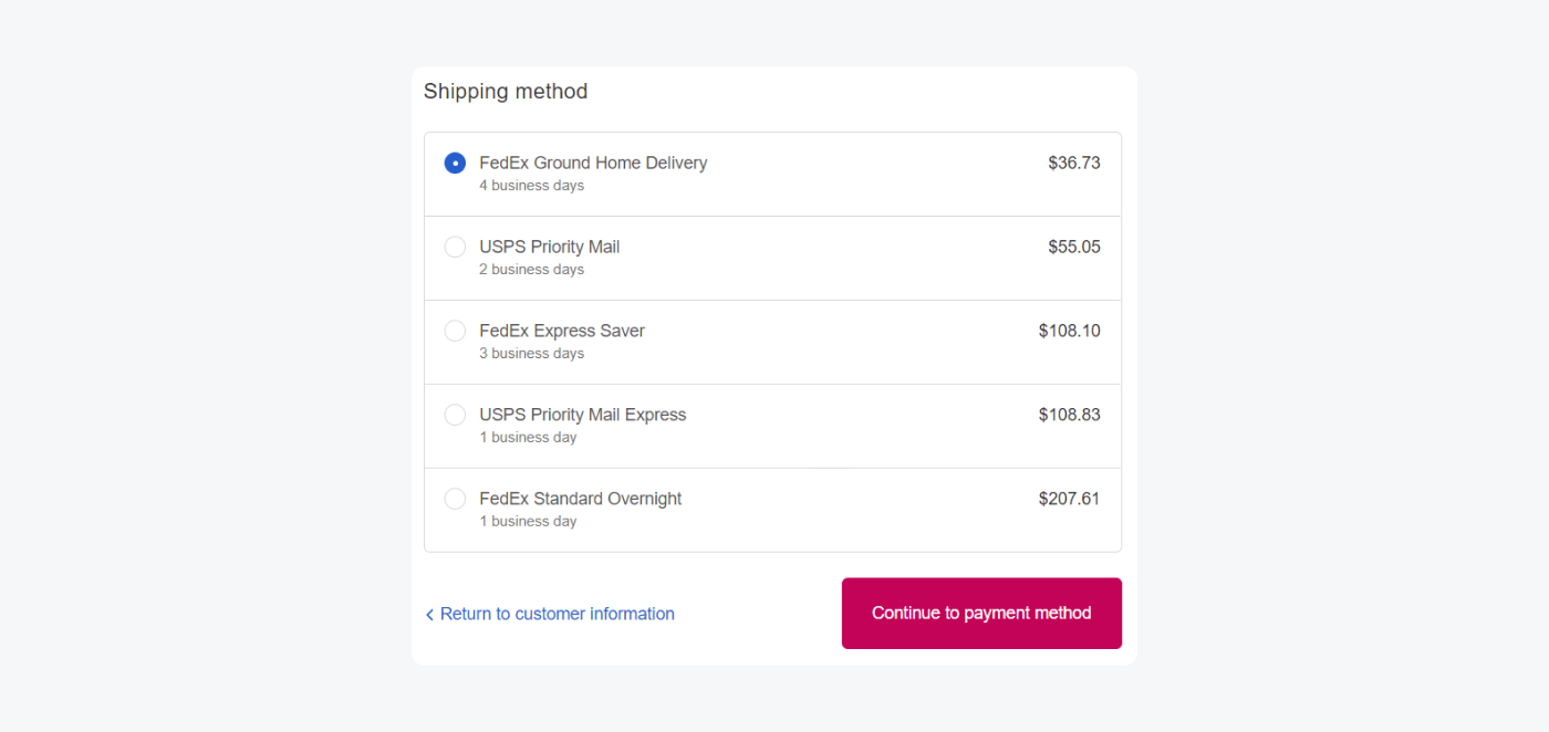 Shipping costs and options example Shipping costs and options example