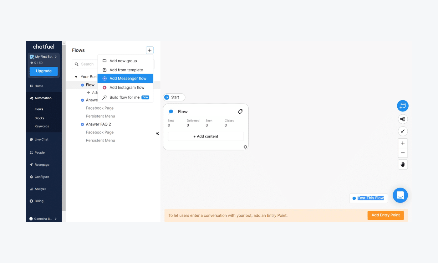 Chatfuel AI builder