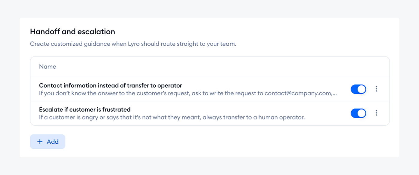Lyro handoff and escalation toggles.