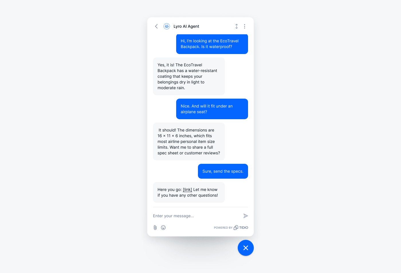 Lyro answering detailed product questions for an ecommerce customer.