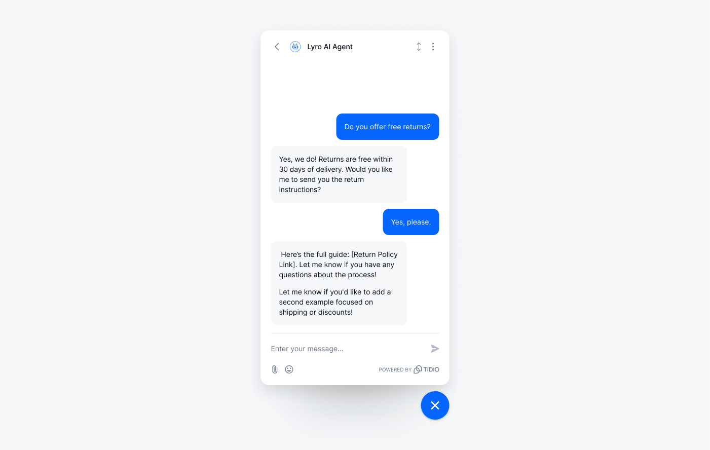 Lyro sending return policy instructions during a customer conversation.