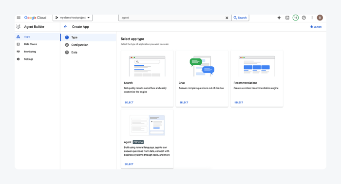 Example of Google’s Vertex AI agent builder interface.