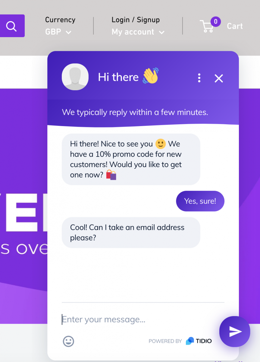 A chatbot used for proactive selling on Shopify