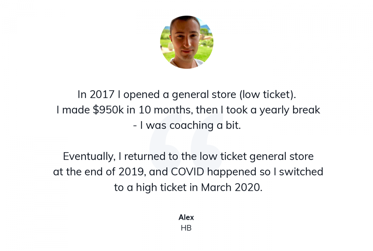Alex describing his path to opening a high-ticket dropshipping store.