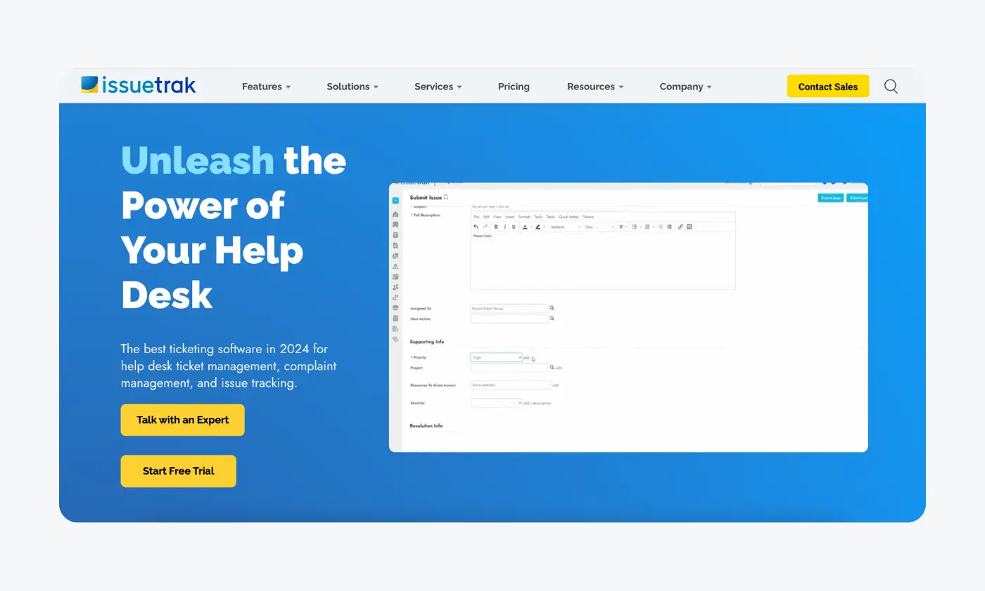A screenshot of Issuetrack homepage