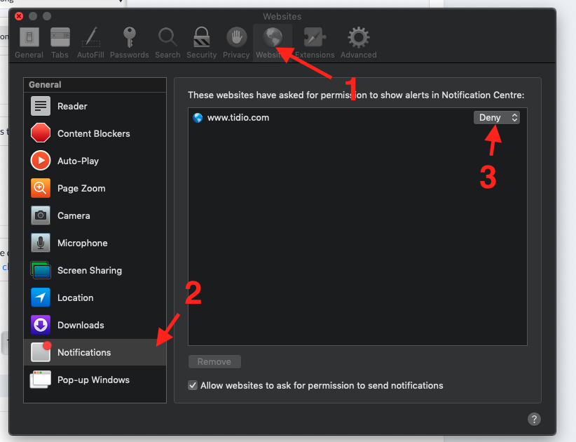notifications settings Safari