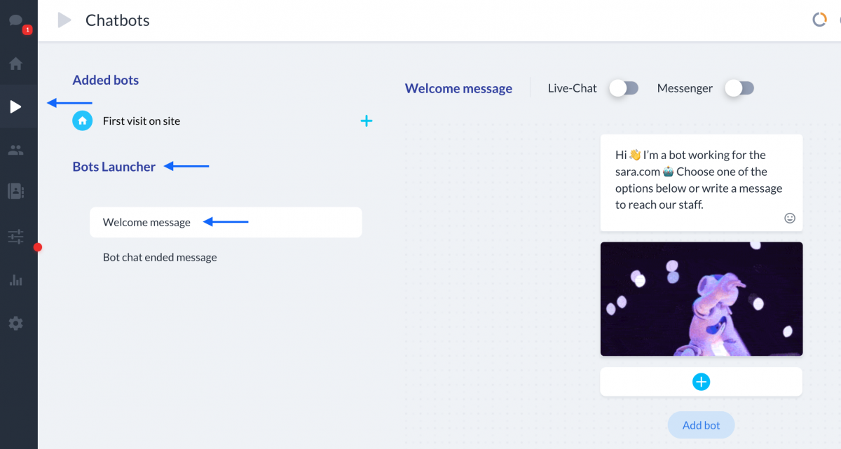 The Chatbots section is the third icon in the left-side menu located in your Tidio panel.